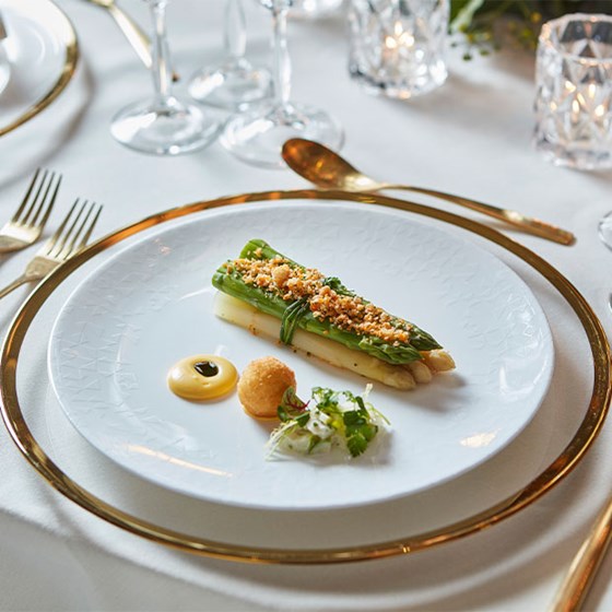 A dish with asparagus from the private event menu at The Berkeley
