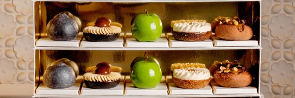 Two rows of intricately decorated autumnal pastries featuring rich textures.