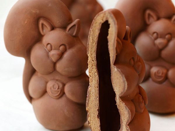 A row of chocolate squirrel figures, with one cut in half to reveal the smooth, hollow chocolate interior, showcasing its thickness and craftsmanship.