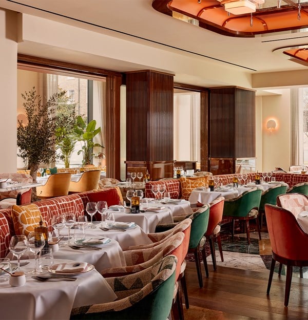 A refined restaurant interior featuring plush, jewel-toned seating, crisp white table settings, and warm wooden accents, bathed in natural light from expansive windows with lush greenery in the background.